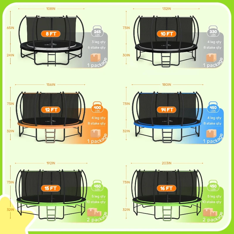 BCAN 8ft/10ft/12ft/14ft/15ft/16ft Safety-Enclosed Recreational Trampoline with Ladder — ASTM F381-16 Approved — Outdoor Trampoline for Kids & Adults