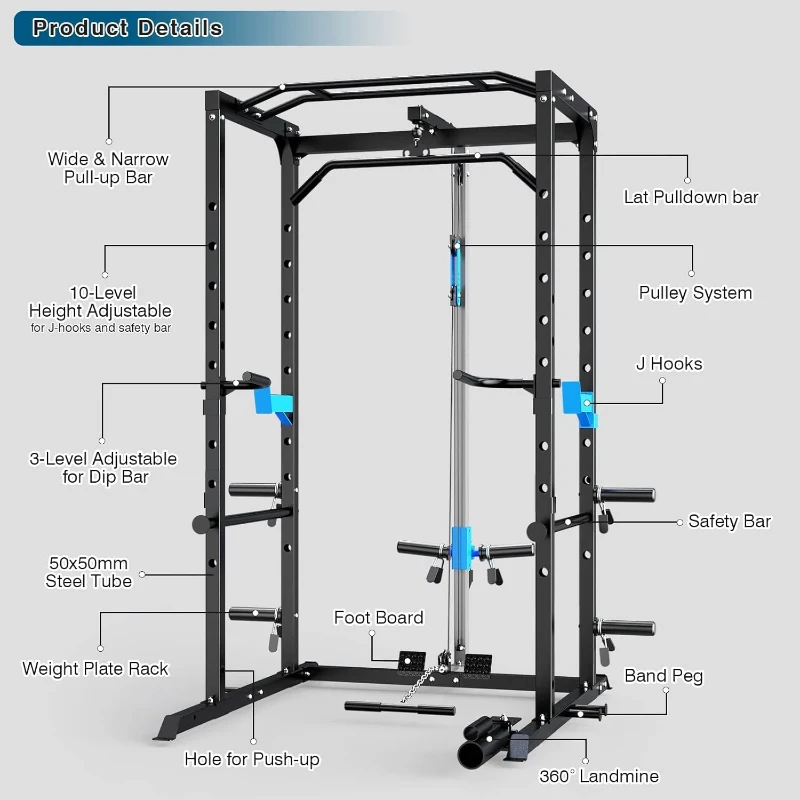 ULTRA FUEGO Power Cage – Multi-Functional Power Rack with J-Hooks, Dip Bars, Landmine & Optional Cable Pulley System for Home Gym