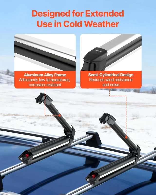 VEVOR Ski & Snowboard Roof Rack, Holds up to 4 Pairs of Skis or 2 Snowboards, 2-Pack Aluminum Universal Crossbar Mount with Lock & Rubber Padding, Carrier for Fishing Rods, Fits Most Slotted Crossbars