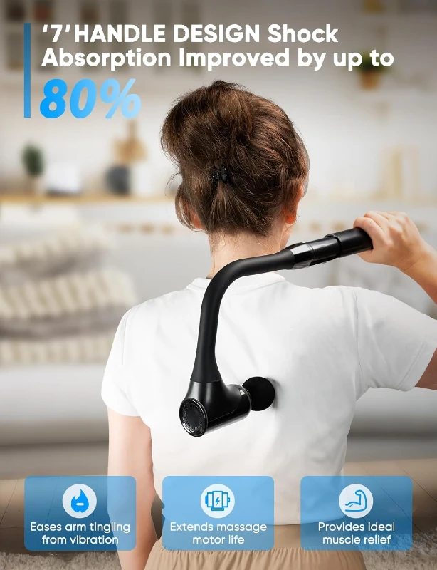 Extended-Handle Deep Tissue Massage Gun — Percussion Back Massager with 12mm Stroke, Less-Shock Ergonomic Design, Infinitely Adjustable Speed and 4 Replaceable Heads for Neck/Shoulder/Leg/Foot Relief