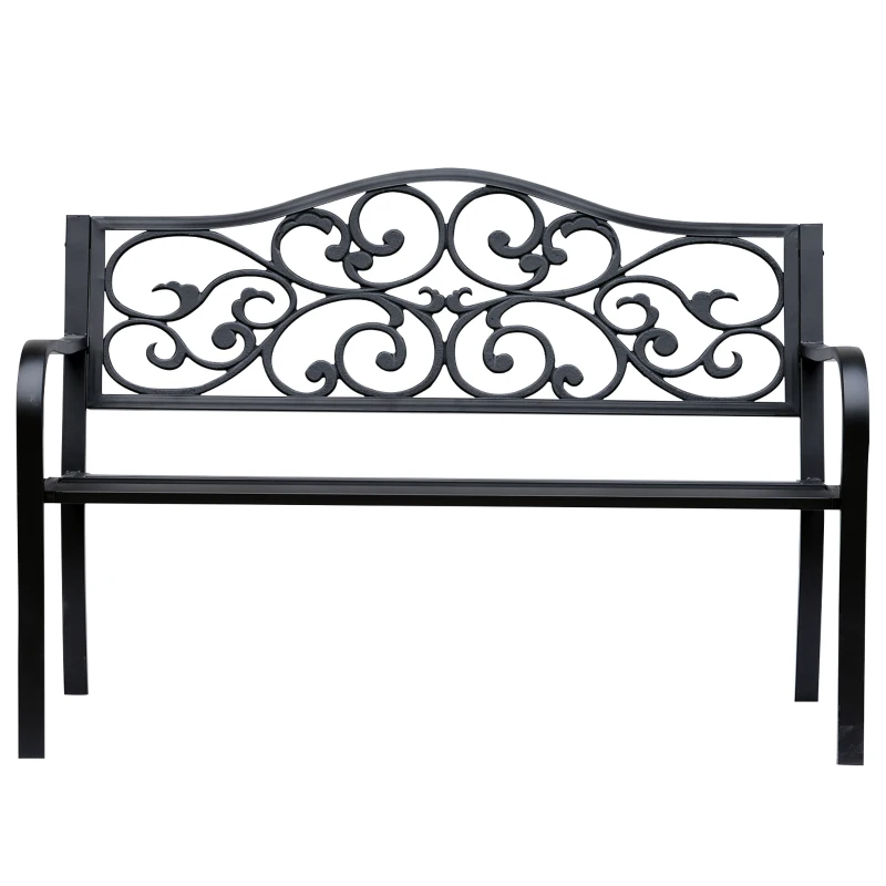 Outsunny Garden Bench Outdoor Loveseat with Vintage Floral Pattern Cast Metal, 50" x 23.6" x 35", Black