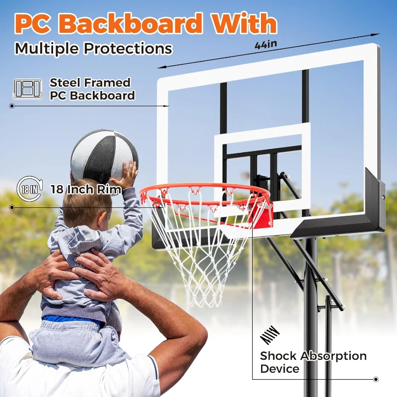 44"" Backboard Portable Basketball Hoop by AWII SPORT, Height Adjustable 4.8–10 ft for Kids, Youth and Adults — Outdoor/Indoor
