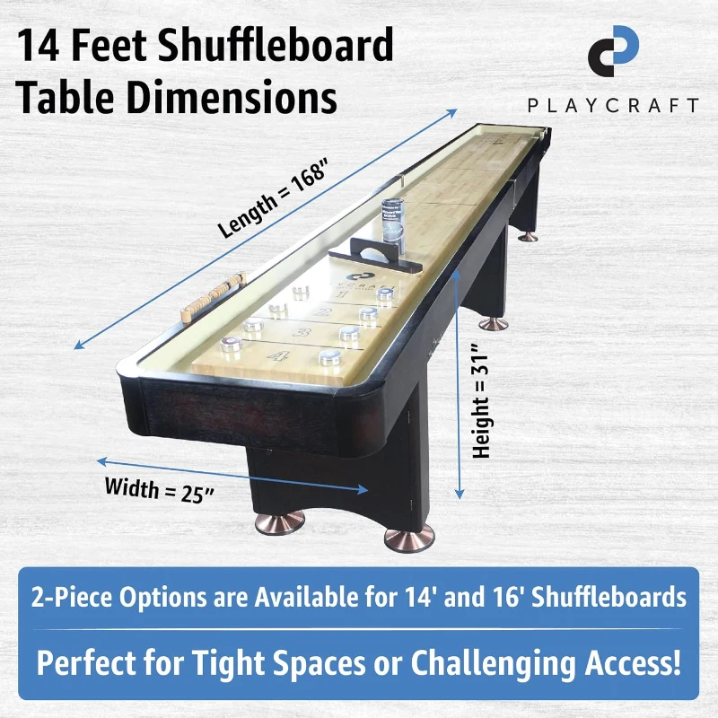 Playcraft Georgetown Shuffleboard Table — 2-Piece Split Design for Tight Access, Storage Cabinet, Includes 8 Pucks, Abacus, Brush & Wax