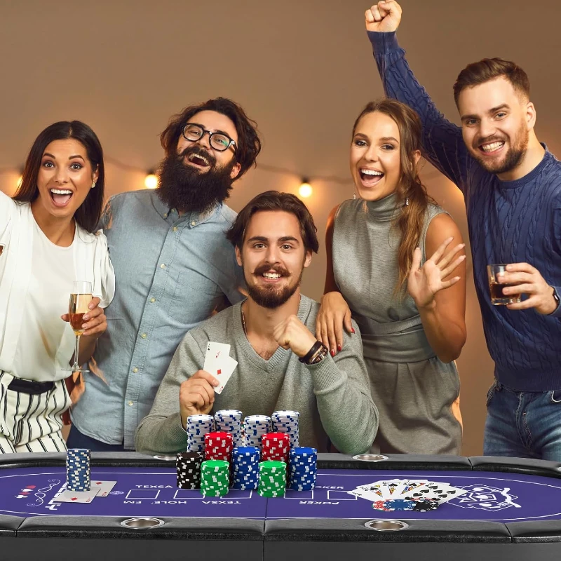 8-Player Foldable Poker Table - Rioloiuy 71"" Texas Hold'em Casino Table with Padded Rails, Deep Cup Holders and Portable Folding Design for Home or Game Room