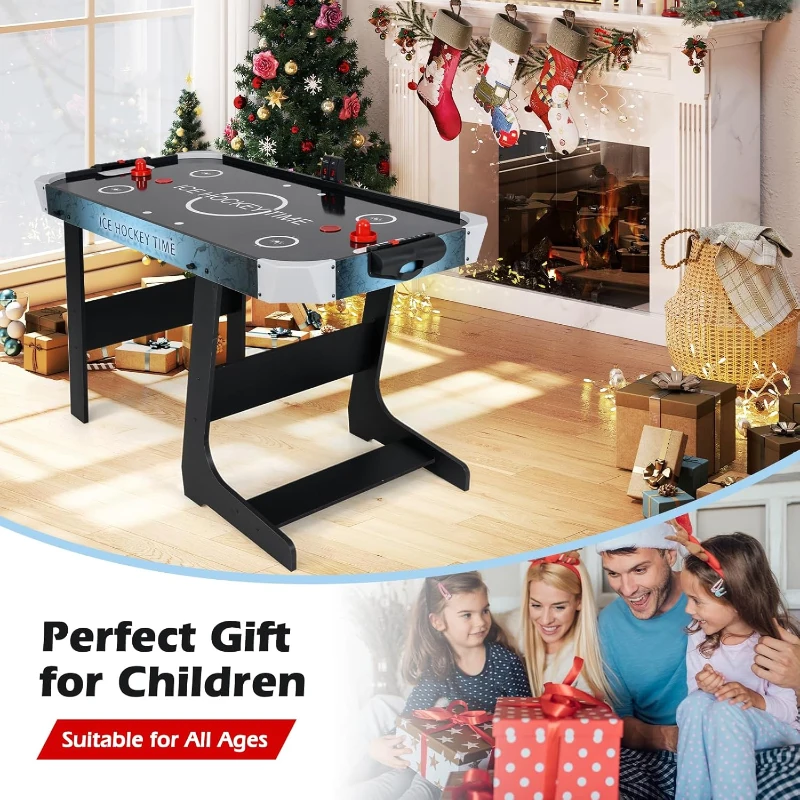 GYMAX 56"" Fold-Up Air Hockey Table — Arcade Style with Powerful 12V Motor, LED Digital Scoreboard, 2 Pushers & 2 Pucks — For Home, Game Room & Office