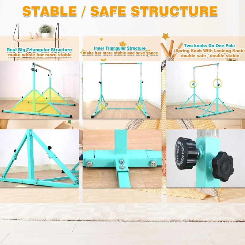 MARFULA 4 ft/5 ft Foldable Gymnastics Kip Bar Set with Mat - Adjustable Height (36""–60""), 400 lb Capacity for Kids & Club Training