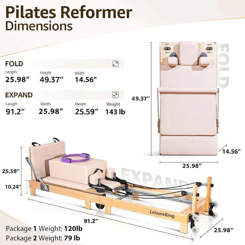 Oak Wood Pilates Reformer Machine – Studio-Grade, Quick Assembly, Foldable Home & Gym Equipment with Accessories