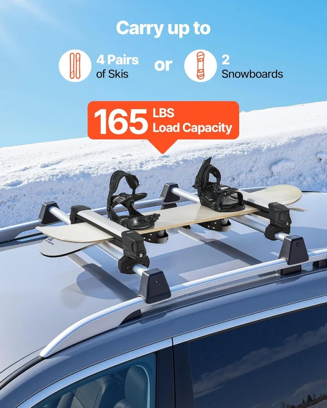 VEVOR Aluminum Ski & Snowboard Roof Rack — Holds up to 4 Pairs of Skis or 2 Snowboards, Locking, Rubber-Padded, Universal Fit for Most Crossbars
