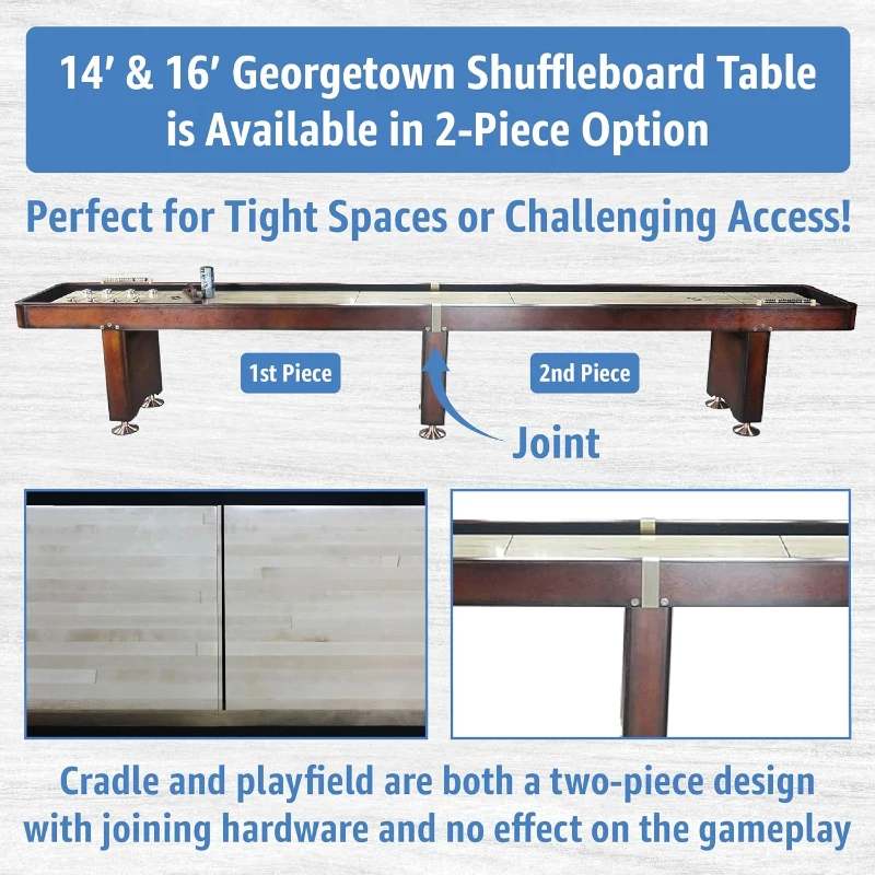 Playcraft Georgetown Shuffleboard Table — Split 2-Piece Option for Narrow Access, Storage Cabinet, Includes Pucks, Abacus, Brush & Wax