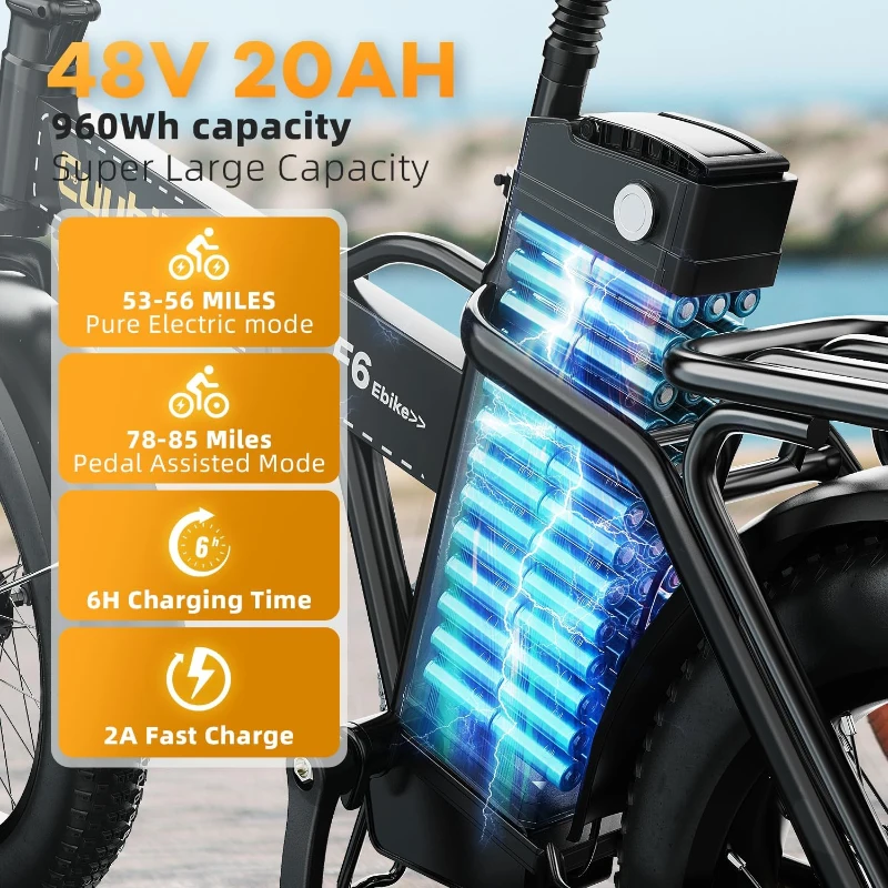 KEBIKO Folding Electric Bike 1000W Peak – 48V 20Ah Removable Battery, 30+ MPH, Up to 80-Mile Range, 20"" Fat Tire Foldable Ebike for Adults (Commute, Beach, Snow)