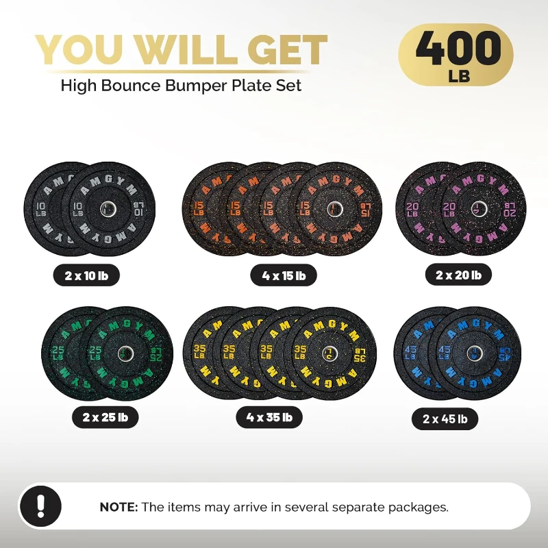 AMGYM 400 lb Bumper Plate Set — 2-Inch Olympic Rubber Plates, Recycled Rubber, Color-Coded