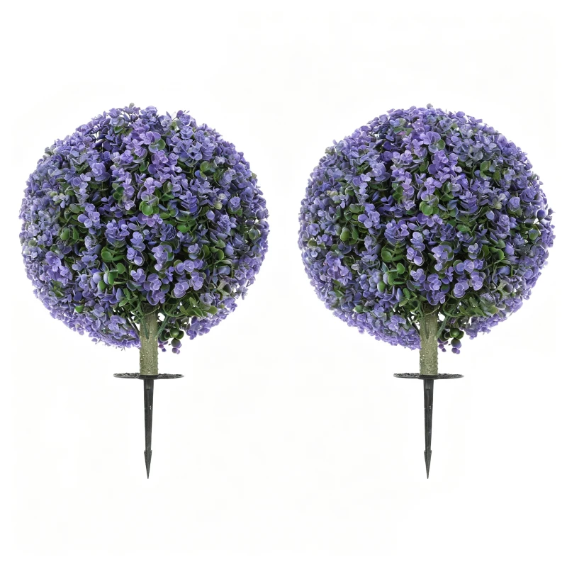 HOMCOM 2 Pack 1.3ft Artificial Ball Eucalyptus Topiary with Ground Stake, UV Resistant Faux Greenery for Indoor Outdoor