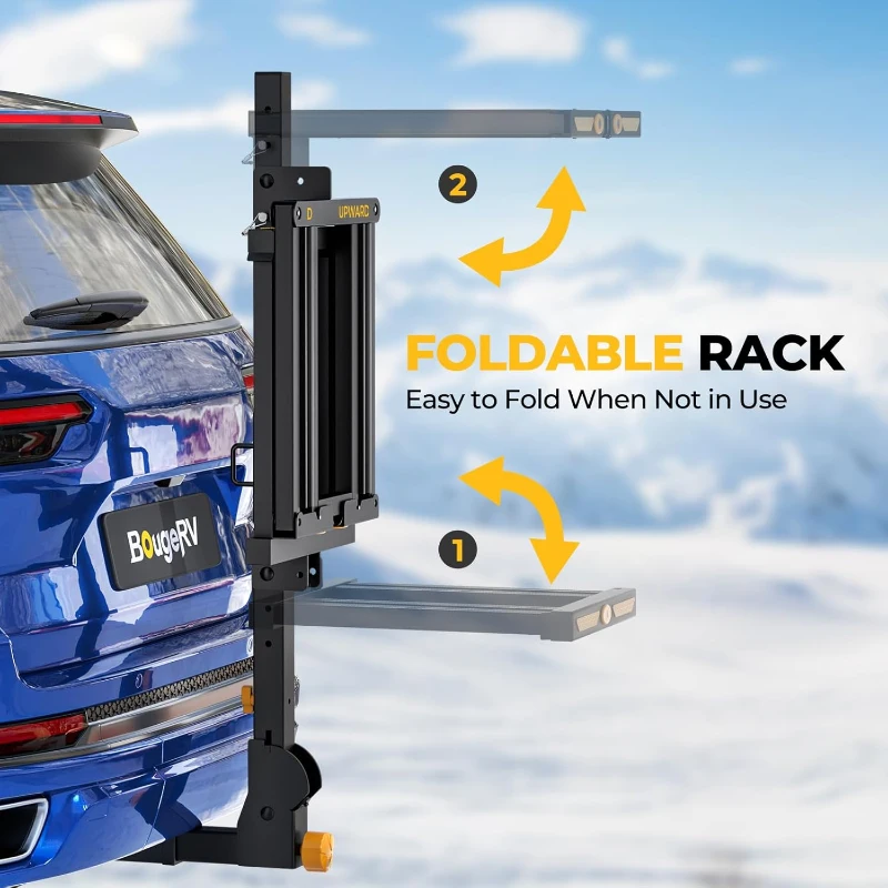 BougeRV 2025 Hitch-Mount Ski & Snowboard Rack with Lock — Folding, Tilting and Anti-Rattle Design for 2"" Receiver, Holds up to 6 Pairs or 4 Snowboards (Includes 4 Webbing Buckles)