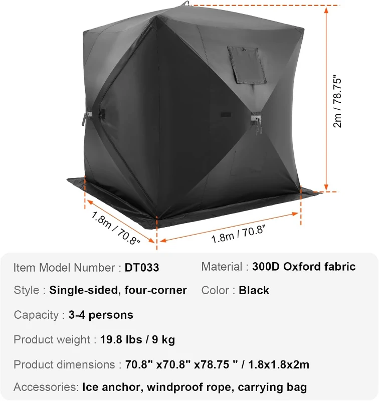 VEVOR Pop-Up Ice Fishing Shelter — Hub-Style Portable Tent, Insulated or Non-Insulated Options, Waterproof 300D Oxford Fabric, Includes Anchors, Ropes & Carry Bag (90 x 90 x 80 in)