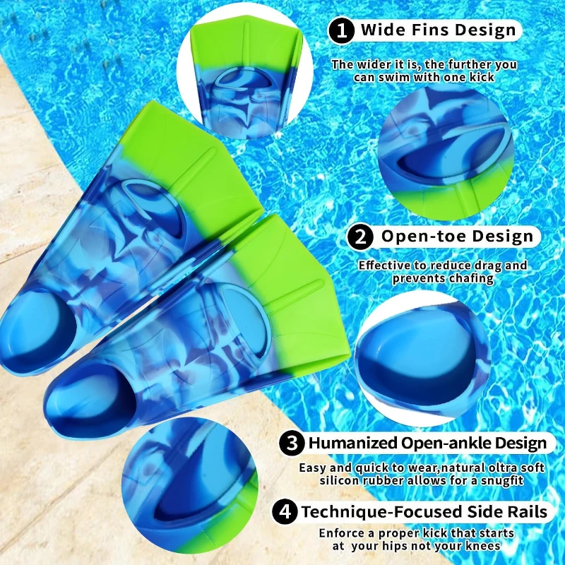 Short Kids Swim Fins — Comfortable Lap Swimming Flippers for Beginner Training, Boys & Girls