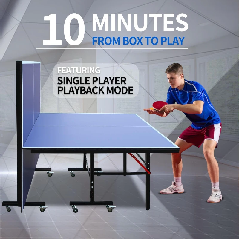 Foldable Professional Table Tennis Table for Indoors (8FT/9FT) — Playback Mode for Solo Practice, Includes Net & Posts, 2 Paddles, 3 Balls