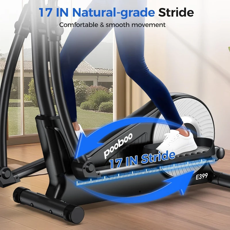 pooboo Home Elliptical Trainer with 16-Level Magnetic Resistance, Ultra-Quiet Drive, 15.5"" Stride & LCD Monitor, 350 lb Capacity