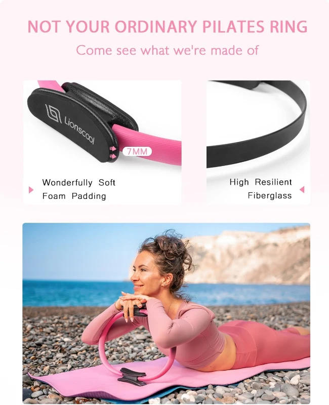 LIONSCOOL 14-inch Anti-Deformation Pilates Ring Set with Padded Handles, Mini Ball, Resistance Bands, Guide & Bag