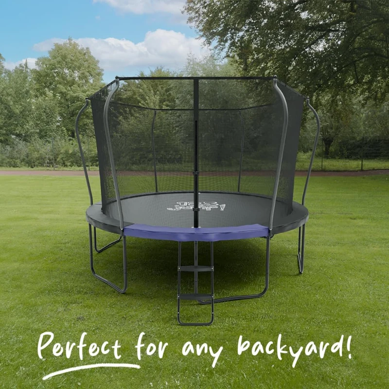 123JUMP by Skywalker — 10/12/14 ft Round Outdoor Trampoline with Enclosure & Ladder, ASTM F381-16 Certified, Spring Pad Cover & Heavy-Duty Jump Mat