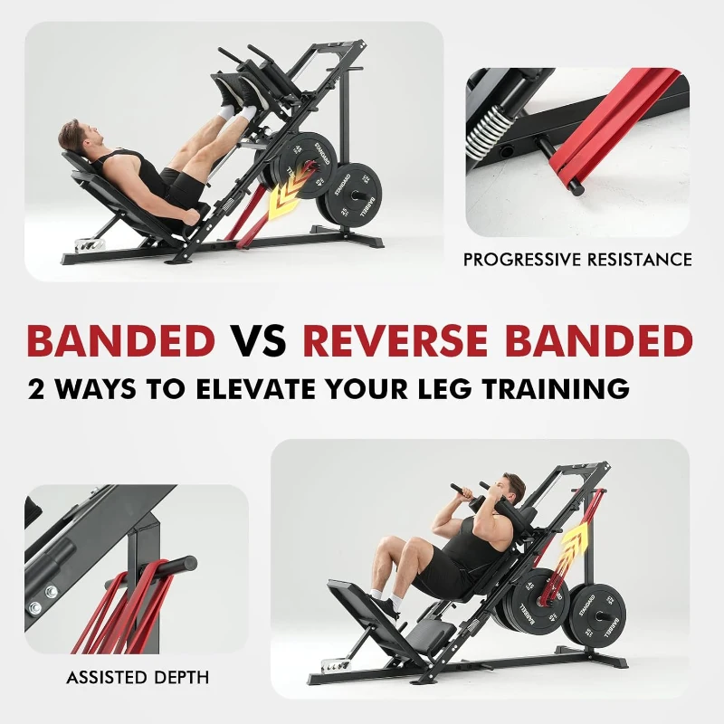 Mikolo Leg Press & Hack Squat Combo with Linear Bearings, Front and Rear Band Pegs, Full-Range Leg Training Machine