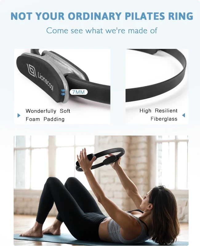 LIONSCOOL 14-Inch Pilates Ring Set — Anti-Deformation Magic Circle with Padded Handles, Mini Ball, 3 Resistance Bands, Guide & Bag