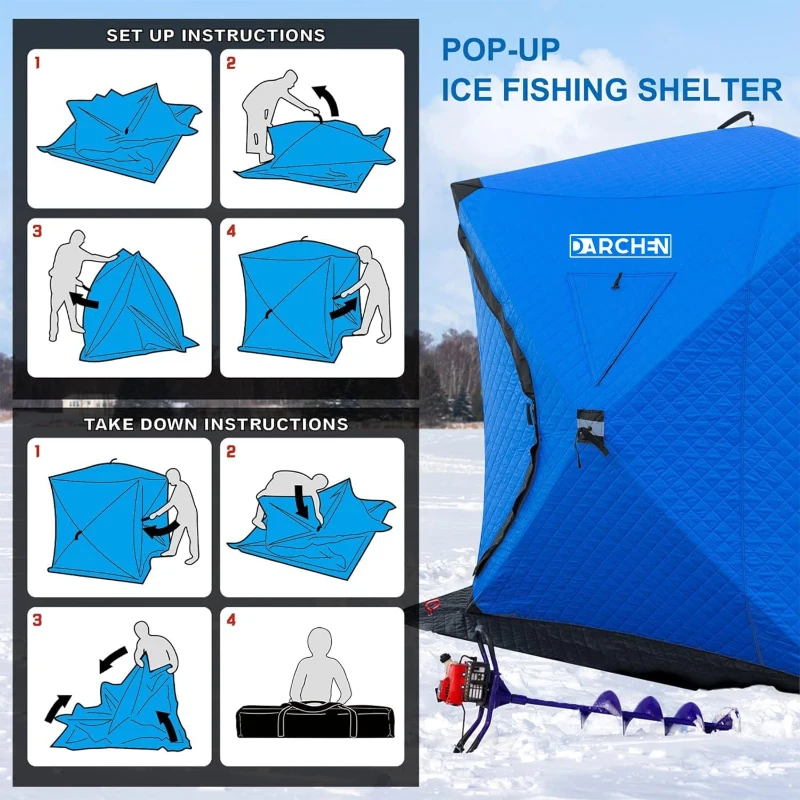 DARCHEN Insulated 3-Layer Pop-Up Ice Fishing Tent for 3–4 People — Thermal Shanty with Reinforced Skirt and Insulation