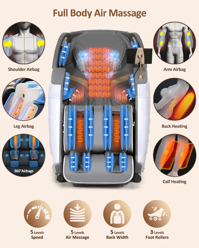 RELX 2026 Full-Body Massage Chair — 20-Mode Zero-Gravity SL-Track Shiatsu Recliner with Built-in Heat, Airbag Massage, Body Scan, Deep Yoga Stretch, Calfrest Extension & AI Control (White)