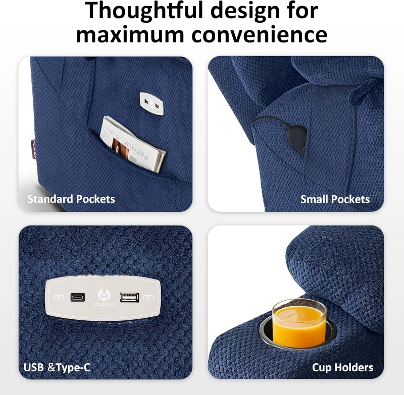 MCombo Large Triple-Motor Power Lift Recliner with Massage & Dual Heating, Adjustable Headrest for Tall Seniors, Fabric 7634 (Navy Blue, Large)