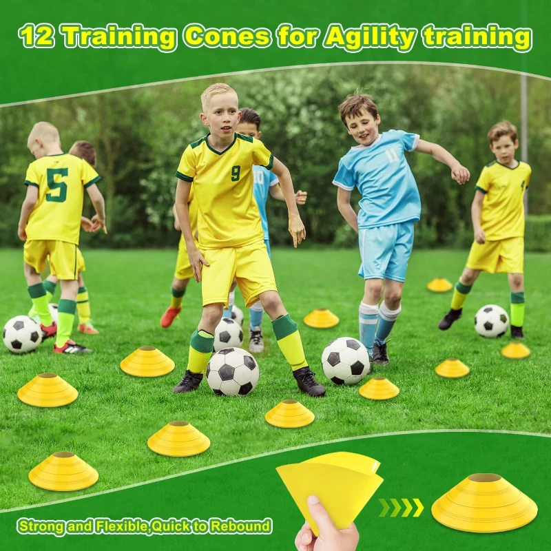 Collapsible Soccer Goal 12×6 ft / 16×7 ft – Portable Pop-Up Net with Carry Bag, 4 Ground Stakes & 12 Training Cones