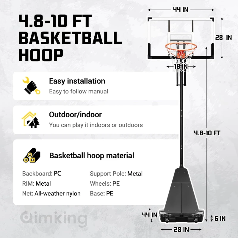 Aimking 44"" Shatterproof Backboard Basketball System, 4.8–10 ft Height-Adjustable Hoop for Youth, Teens & Adults (Indoor/Outdoor/Pool)