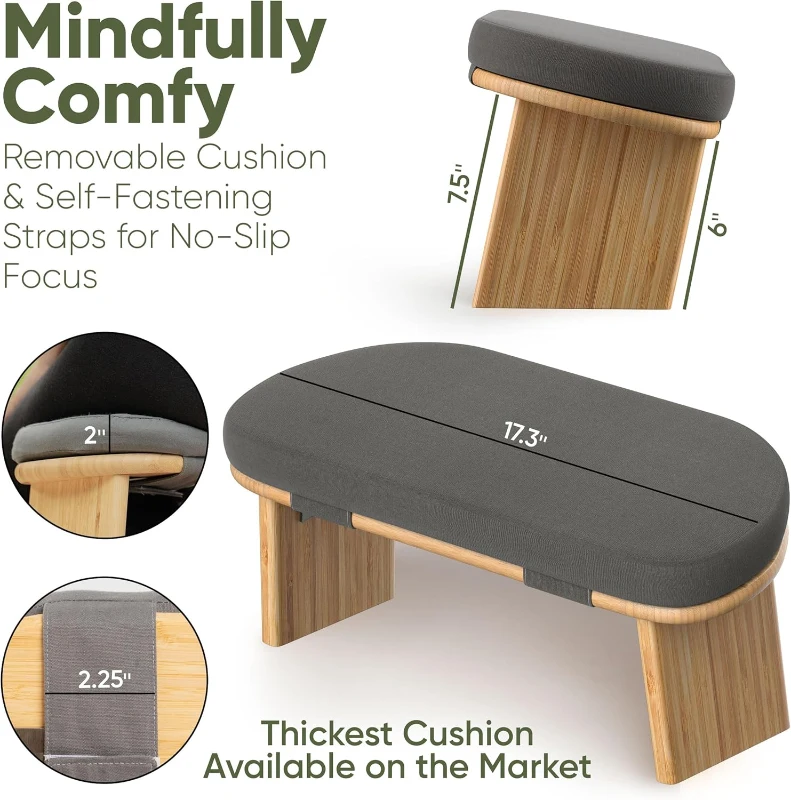 Portable Bamboo Seiza Meditation Bench with Removable 1.6"" Thick Cushion, Magnetic Locking Hinges and Canvas Carry Bag