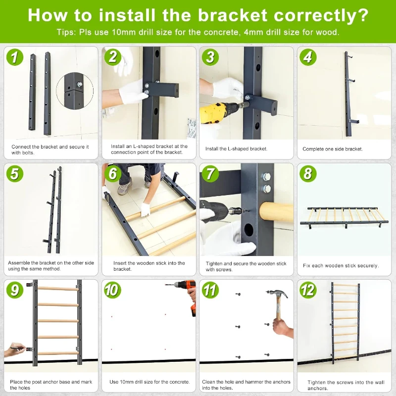 Kipika 2""x2"" Wall-Mounted Swedish Ladder with 1"" Hole — Pull-Up Bar & Suspension Trainer with Solid Wood Handles for Home, Wall Gyms, Schools