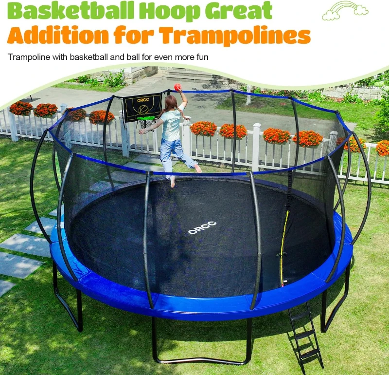 ORCC Heavy-Duty Trampoline (8–16 ft) – 1200 lbs Capacity, ASTM & CPSIA Tested, Basketball Hoop, Sprinkler, Spiral Ground Stakes, Extra Materials for Safety
