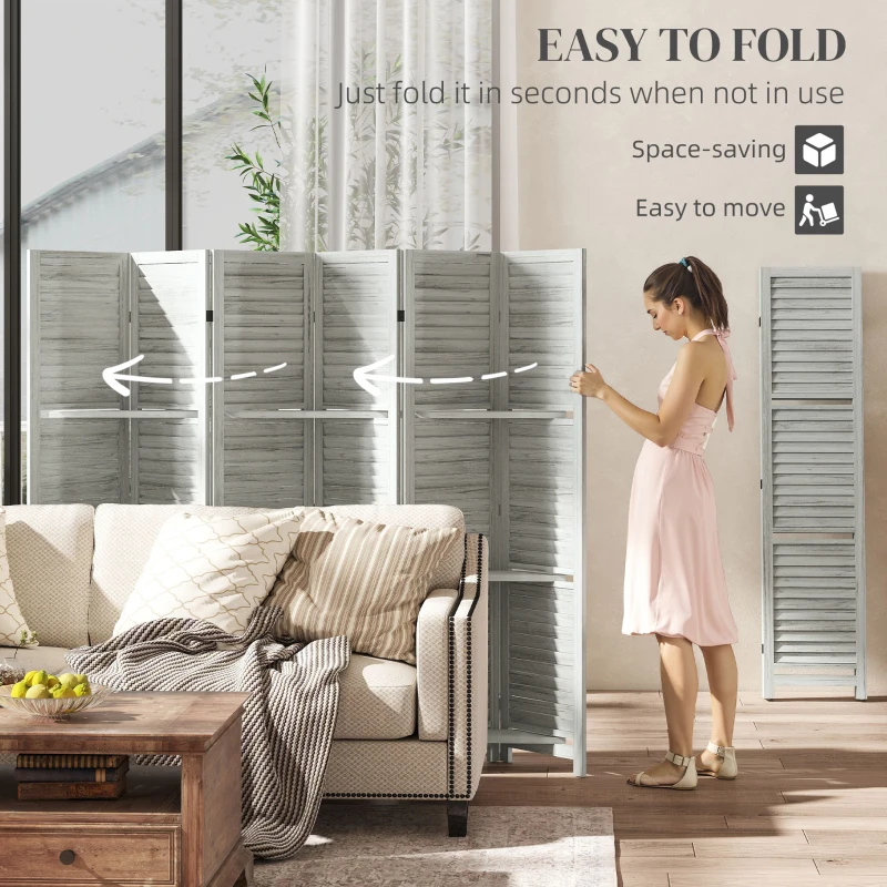 HOMCOM 6 Panel 67" Tall Wood Privacy Screen Room Divider with 3 Shelves and Folding Storage for Bedroom, White