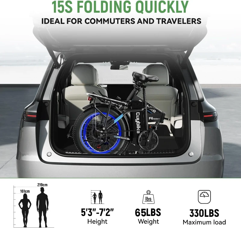 1000W Peak Folding Electric Bike, 48V 20Ah Removable Battery, 30+ MPH, 80-Mile Max Range, 20"" Fat Tire E-Bike
