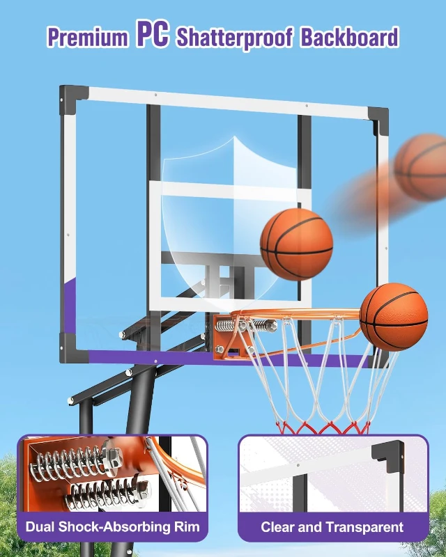 TONBUX Portable Basketball Hoop Outdoor 44/48"" Shatterproof PC Backboard, Stepless 5.25–10 ft Height Adjustment, Wheeled Base for Backyard & Driveway