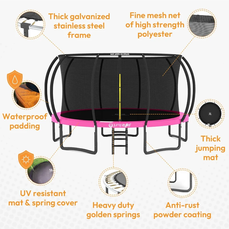 JUMPZYLLA Outdoor Trampoline with Safety Net & Ladder — 8/10/12/14/15/16FT Options, ASTM F381-16 Certified, Rust-Resistant Frame