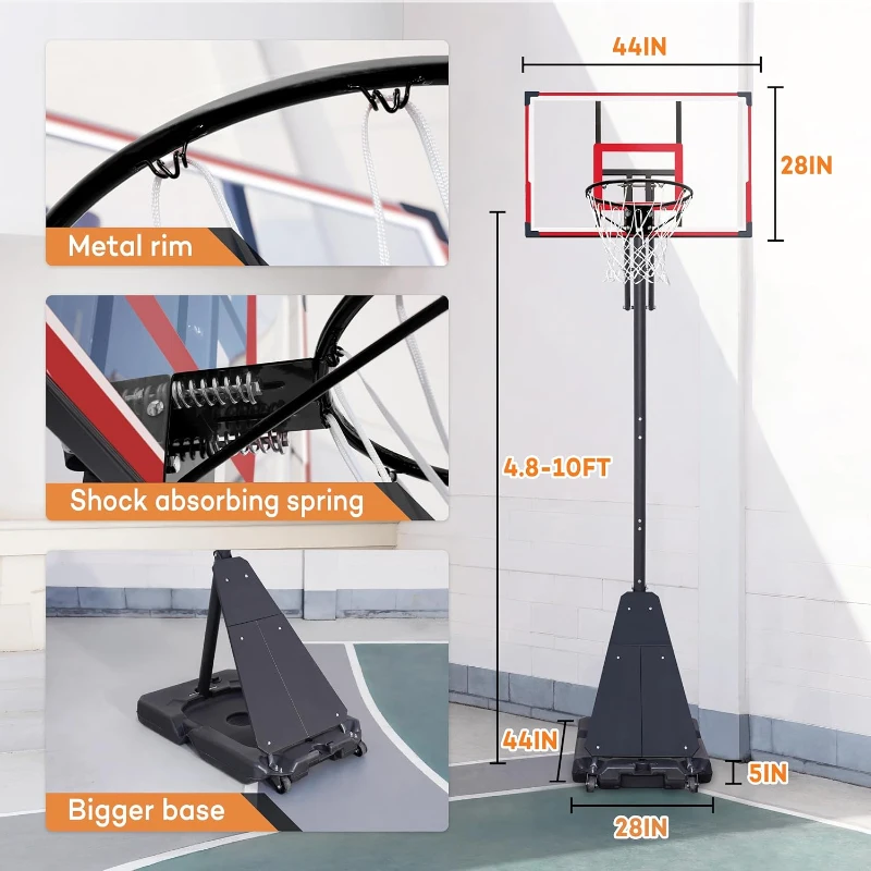 Aimking Outdoor Basketball Hoop System with 44"" Shatterproof PC Backboard, Height Adjustable 4.8–10 FT Portable Goal for Youth/Teens/Adults (Indoor/Outdoor/Pool)