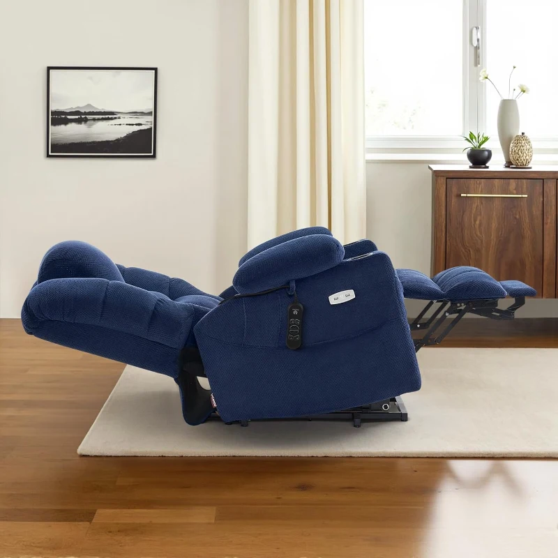 MCombo Large Triple-Motor Power Lift Recliner with Massage & Dual Heating, Adjustable Headrest for Tall Seniors, Fabric 7634 (Navy Blue, Large)