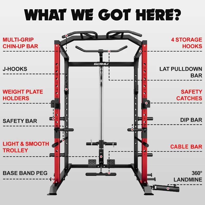 C1-V4 Power Cage 2000LB Squat Rack with Lat Pulldown - Multi-Function Strength Training Cage with Attachments for Home or Garage