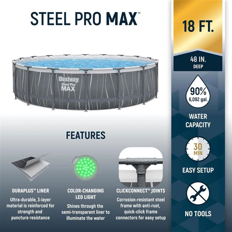 Bestway Steel Pro MAX 18' x 48"" Metal Frame Above-Ground Round Pool Set with LED Light & Remote, Ladder, Cover and 1500 GPH Filter Pump