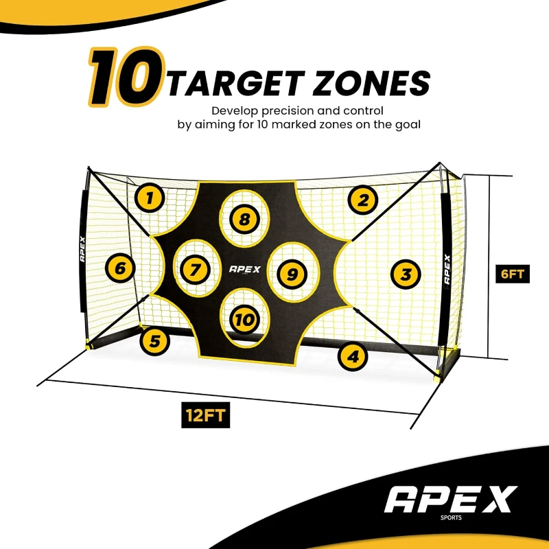 Apex Sports 12 x 6 ft Soccer Goal with Removable 10-Hole Precision Target — Collapsible Portable Net, Rapid Setup & Ground Anchors for Indoor/Outdoor Training