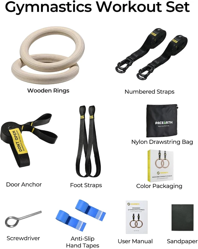 PACEARTH 32mm Wooden Gymnastics Rings 1500lbs with Screw-Lock Carabiners - 9ft Double-Layer Numbered Straps, Door Anchor & Foot Straps