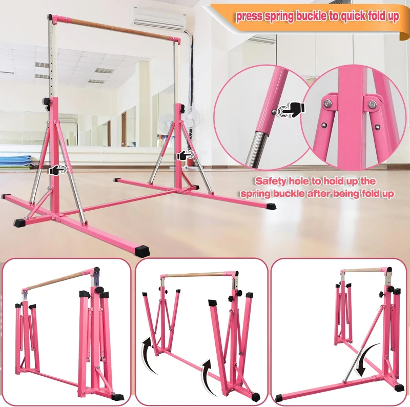 Foldable Adjustable Gymnastics Bar 5FT/6FT for Kids & Teens, Height Range 35.4–59 in (or 45–71 in), 500 lbs Capacity — Home Training Equipment
