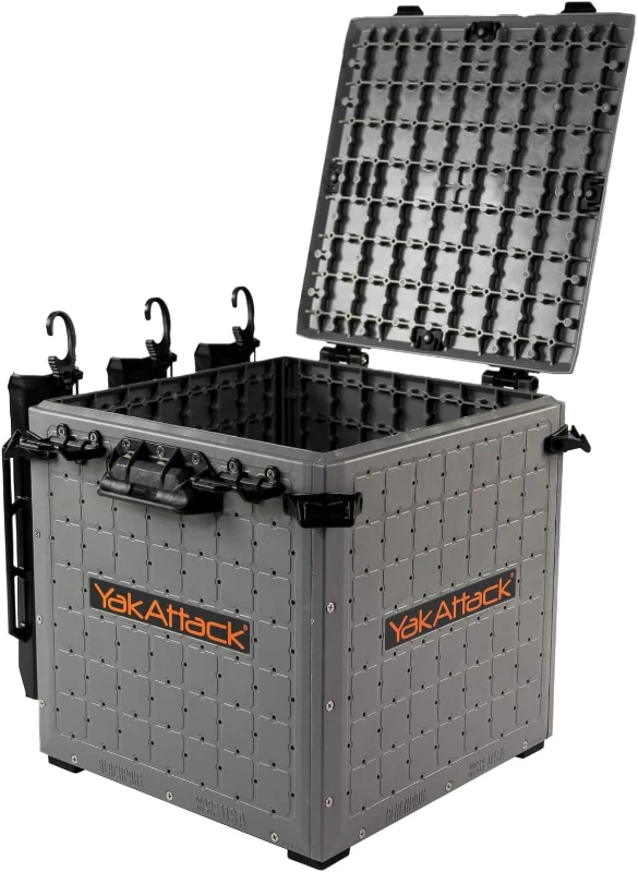 YakAttack BlackPak Pro 13in x 13in Kayak Fishing Crate – Battleship Grey, 3 TetherTube Rod Holders | Compact Lightweight Durable Customizable