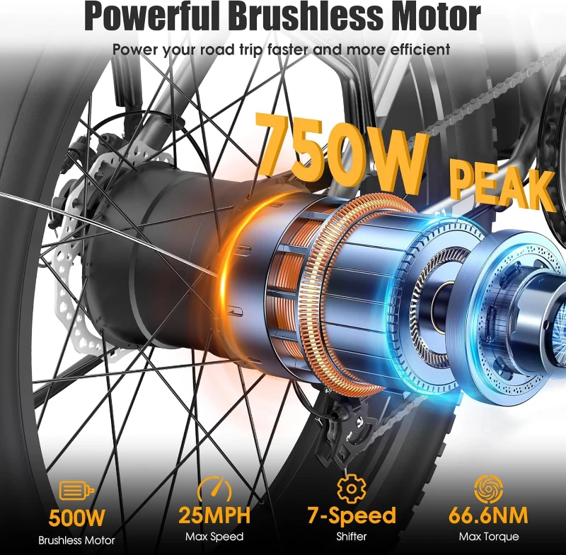 Funhang Electric Bike for Adults - Peak 1000W Ebike, 26"" Fat Tire Mountain Bike, 25 MPH, 60 Mile Range, 48V 13Ah Battery, Rear Rack, Front Suspension, 7-Speed, UL 2849 Certified