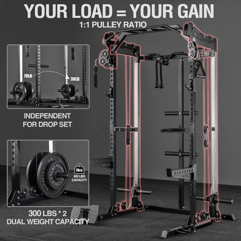 Mikolo HR05 Power Cage 2000 lb Power Rack with Independent Dual 1:1 Pulley System – Multi-Function Home Gym & Cable Crossover Machine
