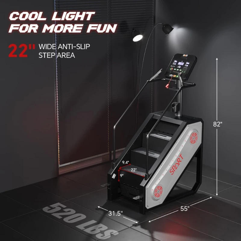 SPART Commercial Stair Climber Stepper with 18"" LED Console, 15-Speed Levels, Built-In Speaker, Cooling Fan, Wireless Charging & Safety Key for Home Gym