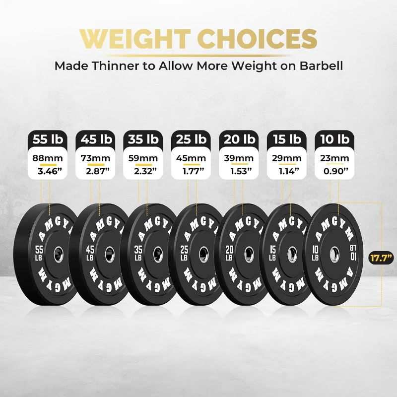 2-Inch Olympic Bumper Plate Set (Pairs 10–45 LB) – 100% Virgin Rubber Barbell Plates with Steel Inserts, Low-Rebound Design, Multiple Color Options