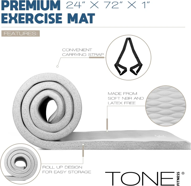 Tone Fitness Extra-Thick 1-inch NBR Yoga Mat | 24 by 72 Large Non-Slip Exercise Mat with Carrying Strap for Home & Studio